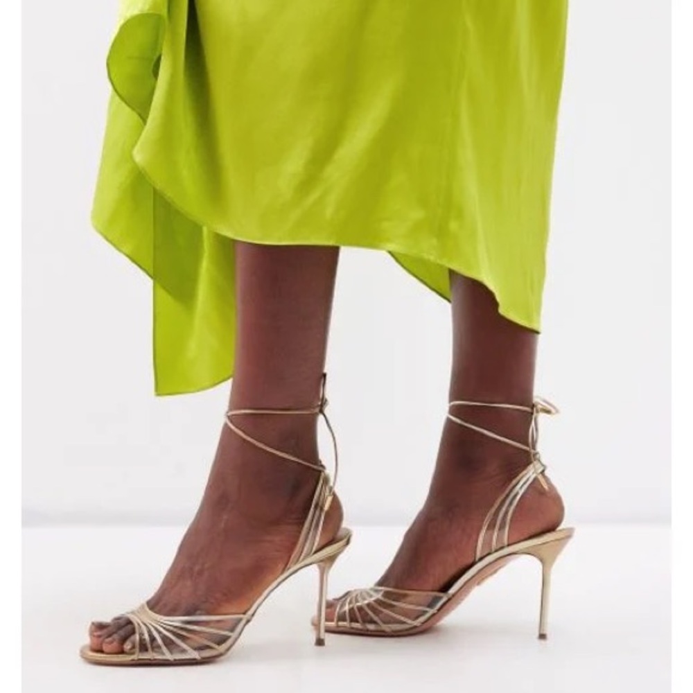 Aquazzura Call Me 85 Leather and PVC sandal in Gold, NWB, SZ 39 - Picture 2 of 16